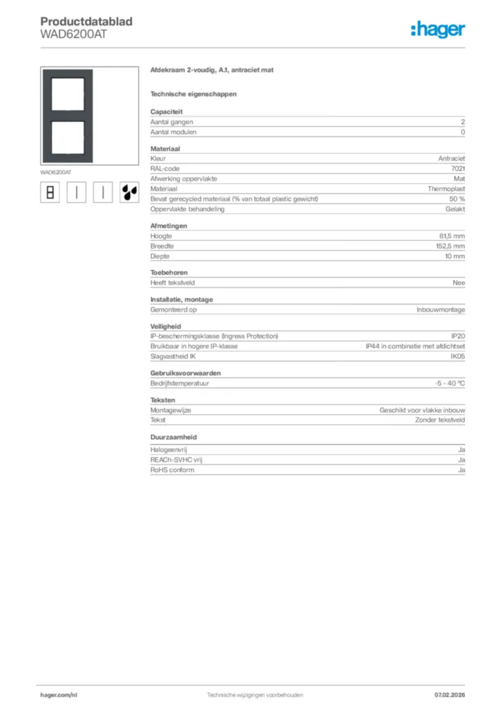 Afbeelding Hager Productdatablad WAD6200AT | Hager Nederland
