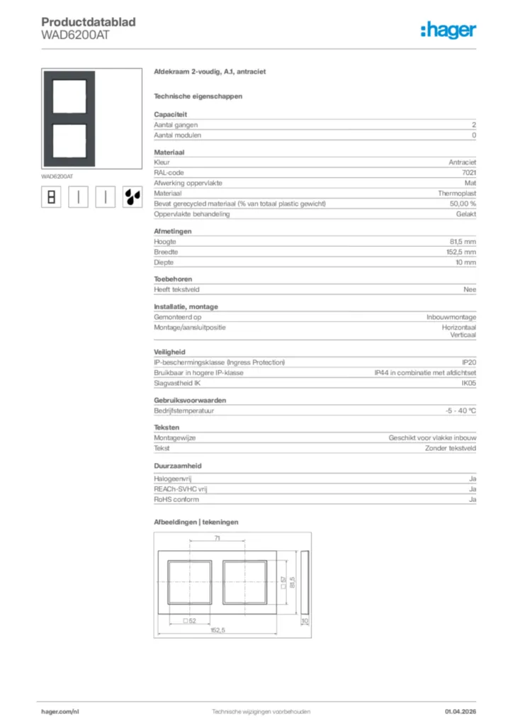 Afbeelding Hager Productdatablad WAD6200AT | Hager Nederland