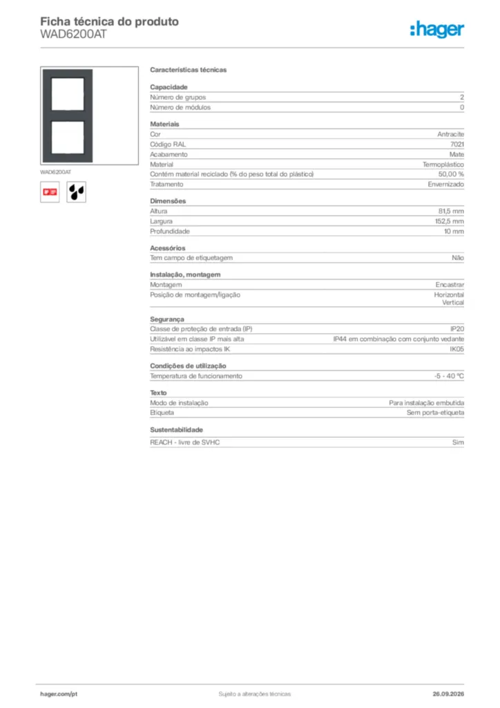 Imagem Hager Ficha técnica do produto WAD6200AT | Hager Portugal