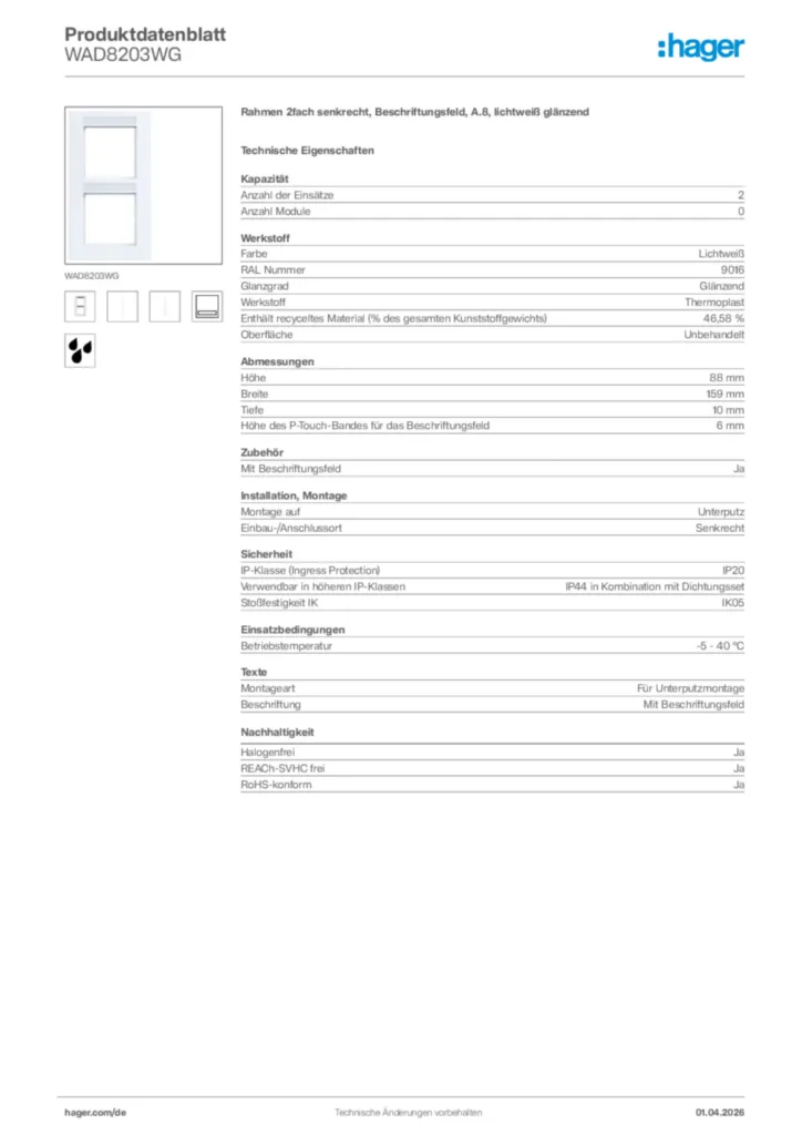 Bild Hager Produktdatenblatt WAD8203WG | Hager Deutschland