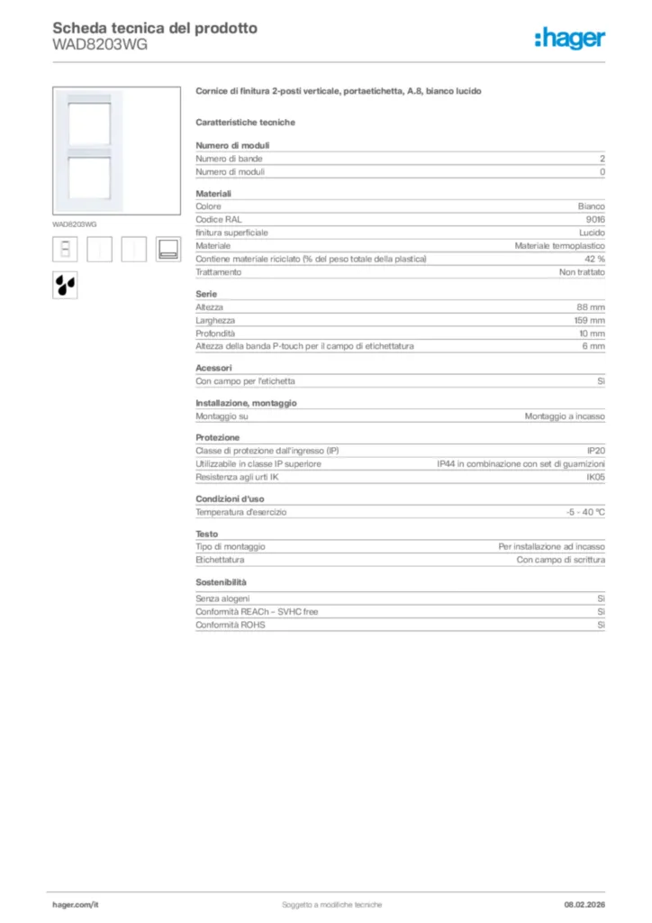 Immagine Hager Scheda tecnica del prodotto WAD8203WG | Hager Italia
