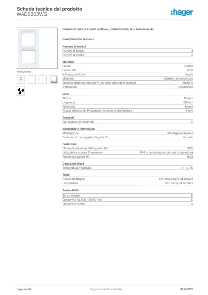 Immagine Hager Scheda tecnica del prodotto WAD8203WG | Hager Italia