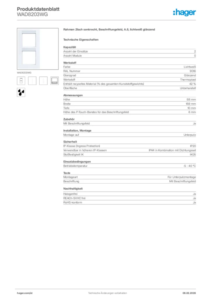 Bild Hager Produktdatenblatt WAD8203WG | Hager Deutschland