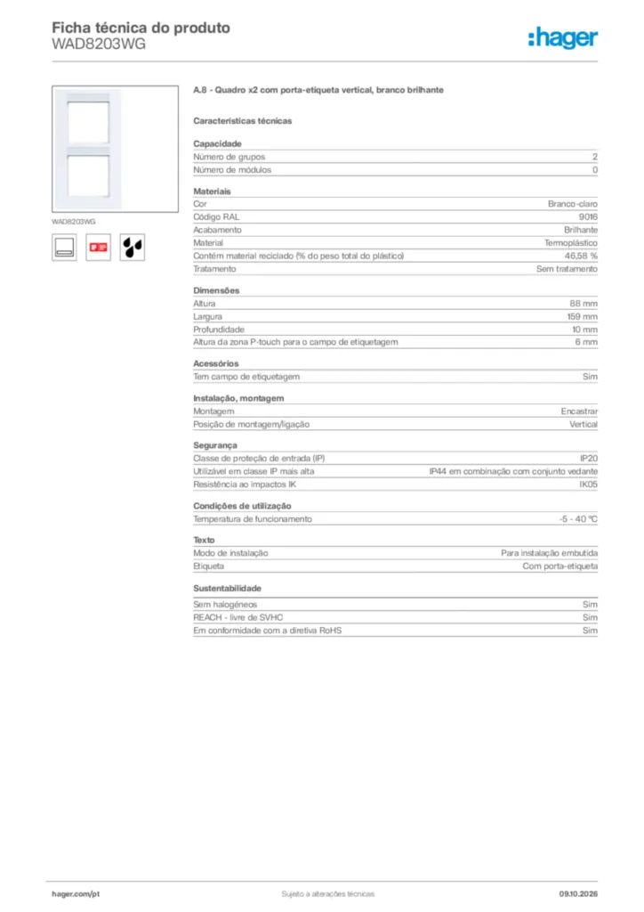 Imagem Hager Ficha técnica do produto WAD8203WG | Hager Portugal
