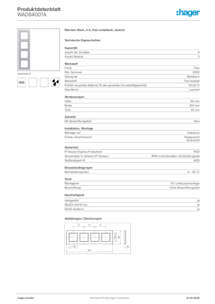 Bild Hager Produktdatenblatt WAD8400TA | Hager Deutschland
