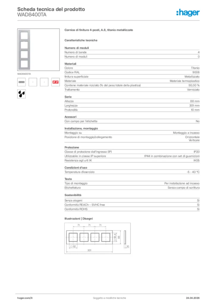 Immagine Hager Scheda tecnica del prodotto WAD8400TA | Hager Italia
