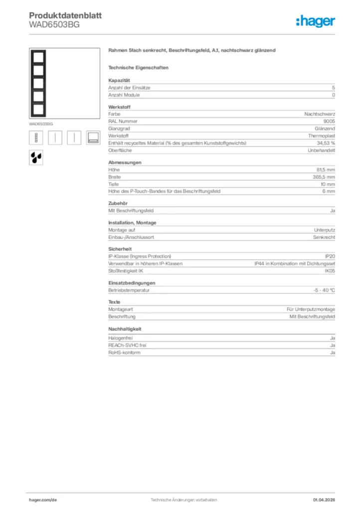 Bild Hager Produktdatenblatt WAD6503BG | Hager Deutschland