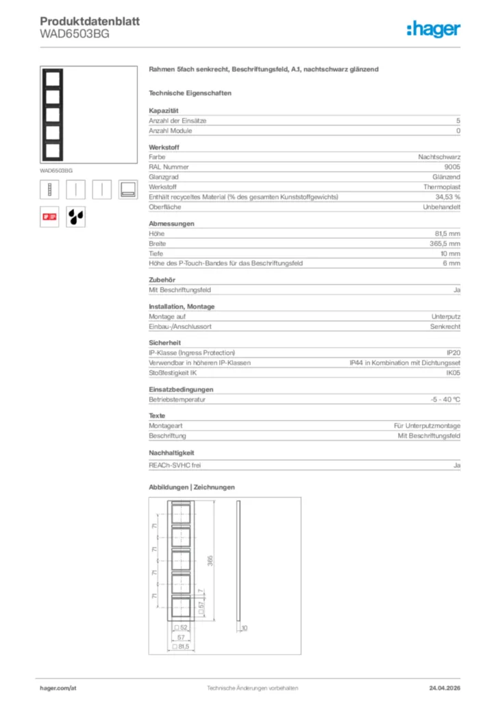Bild Hager Produktdatenblatt WAD6503BG | Hager Deutschland