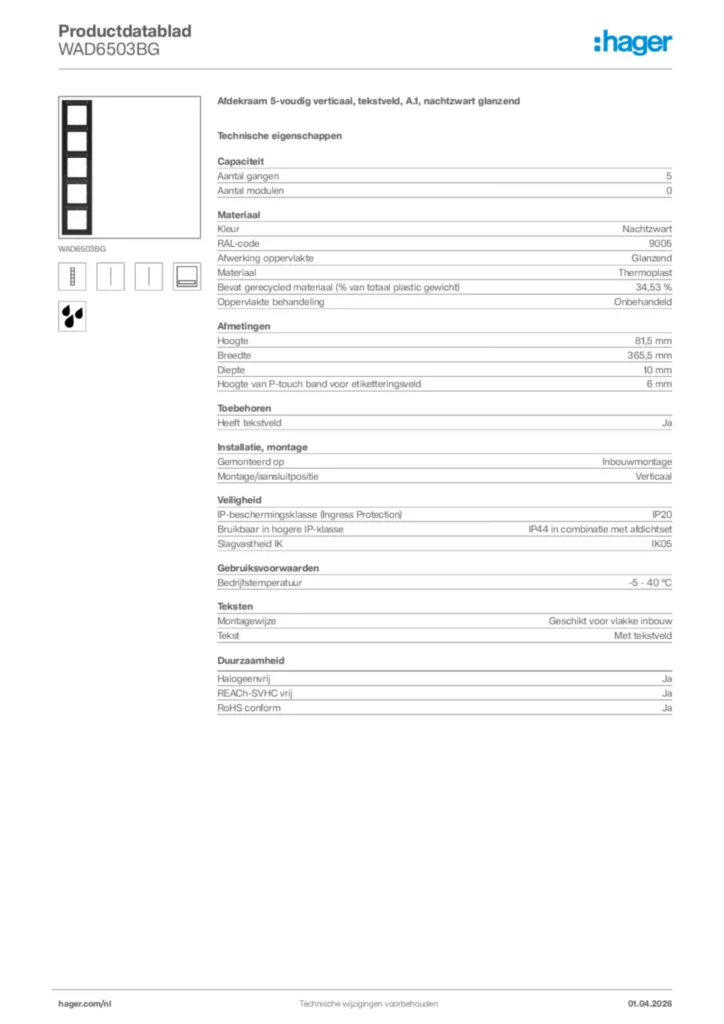 Afbeelding Hager Productdatablad WAD6503BG | Hager Nederland