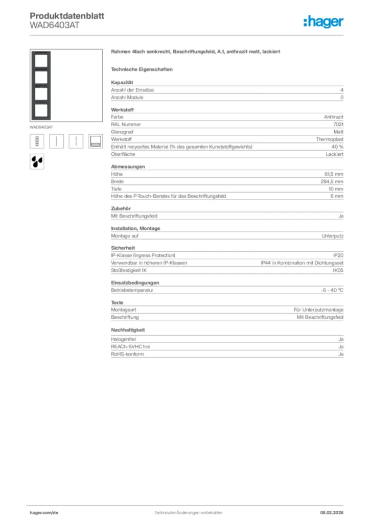 Bild Hager Produktdatenblatt WAD6403AT | Hager Deutschland