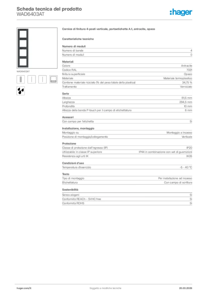 Immagine Hager Scheda tecnica del prodotto WAD6403AT | Hager Italia
