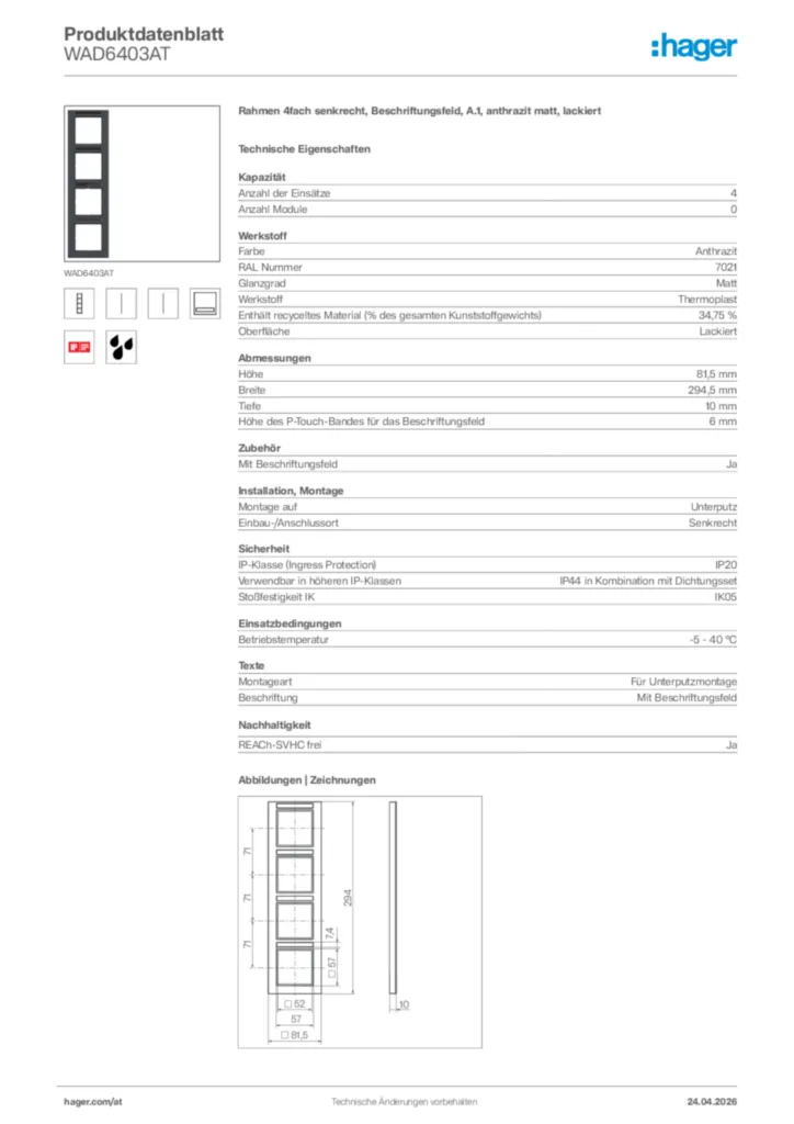 Bild Hager Produktdatenblatt WAD6403AT | Hager Deutschland