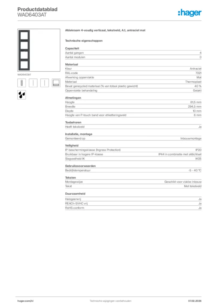 Afbeelding Hager Productdatablad WAD6403AT | Hager Nederland