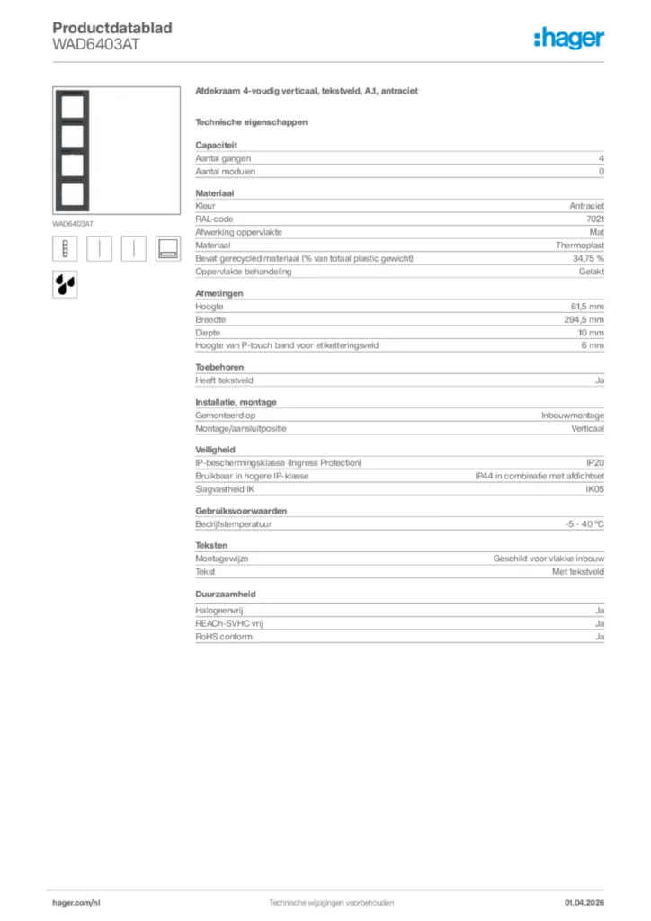 Afbeelding Hager Productdatablad WAD6403AT | Hager Nederland