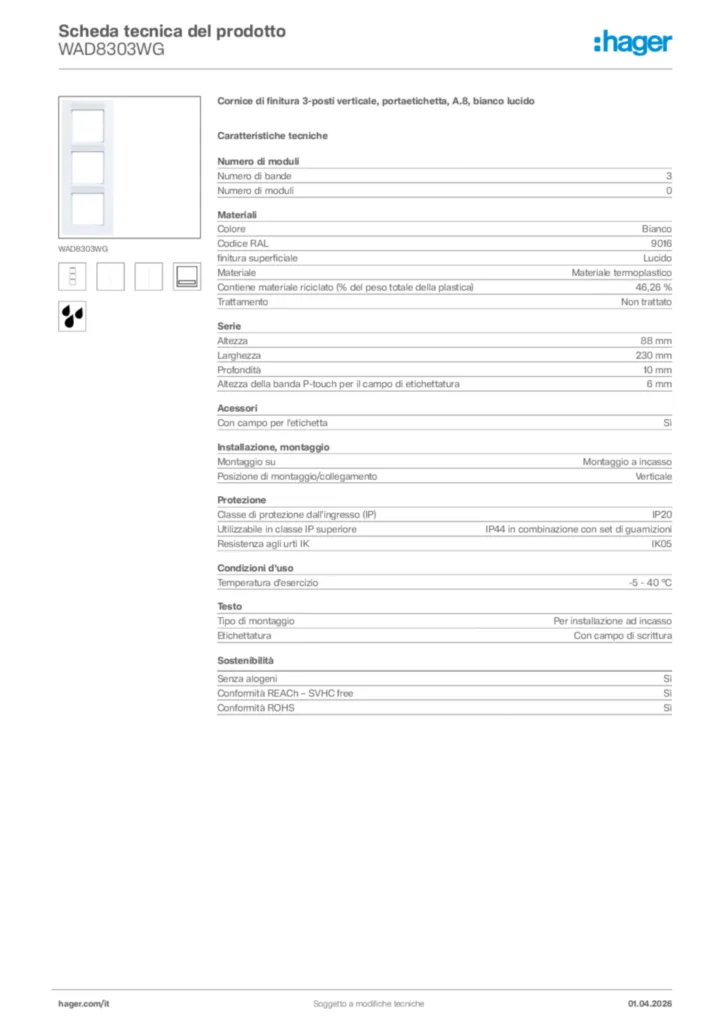 Immagine Hager Scheda tecnica del prodotto WAD8303WG | Hager Italia