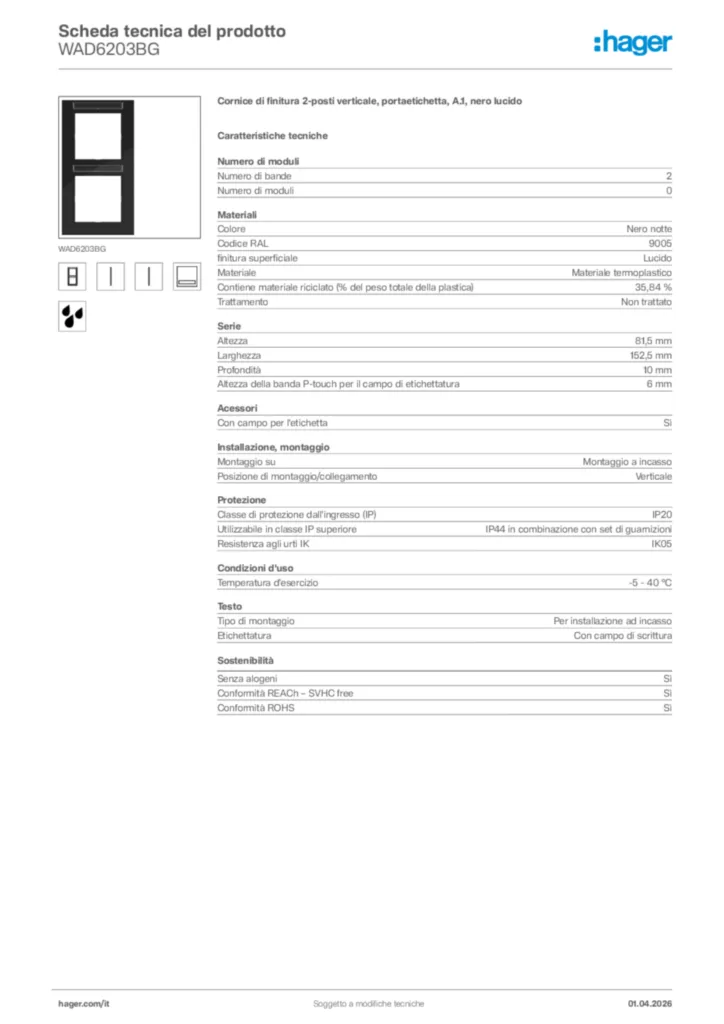 Immagine Hager Scheda tecnica del prodotto WAD6203BG | Hager Italia