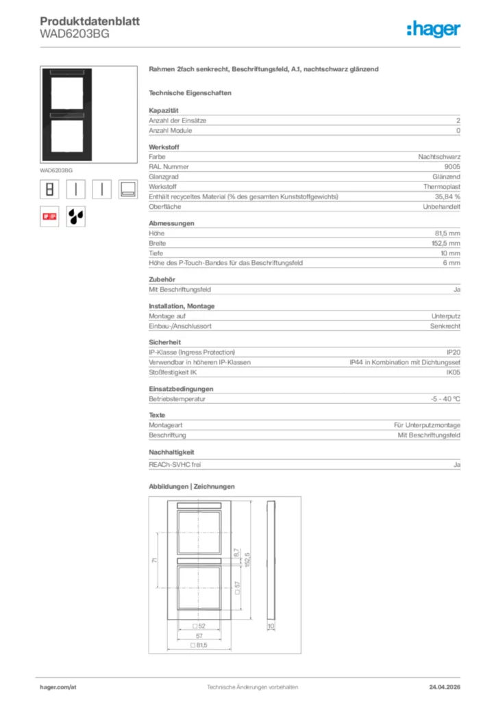 Bild Hager Produktdatenblatt WAD6203BG | Hager Deutschland