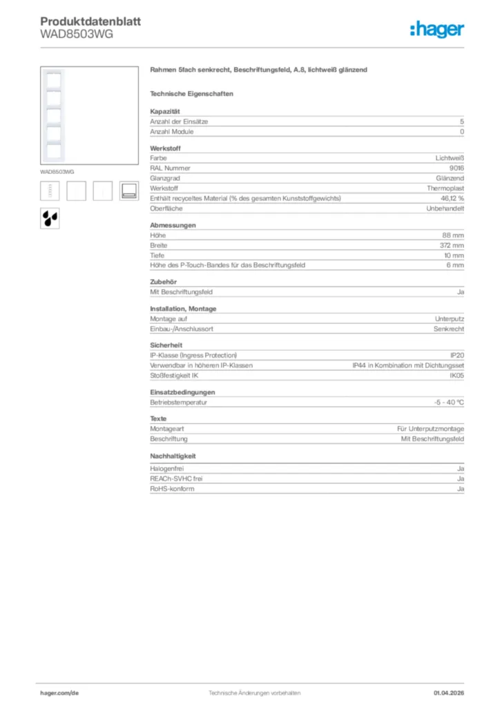 Bild Hager Produktdatenblatt WAD8503WG | Hager Deutschland