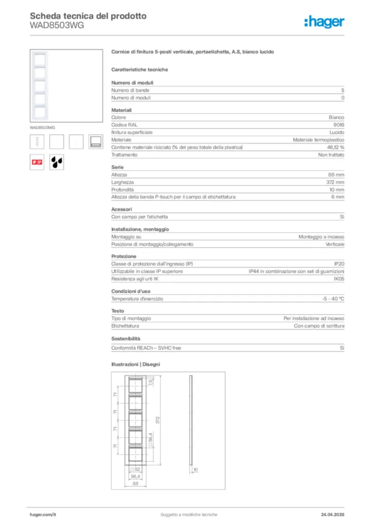 Immagine Hager Scheda tecnica del prodotto WAD8503WG | Hager Italia