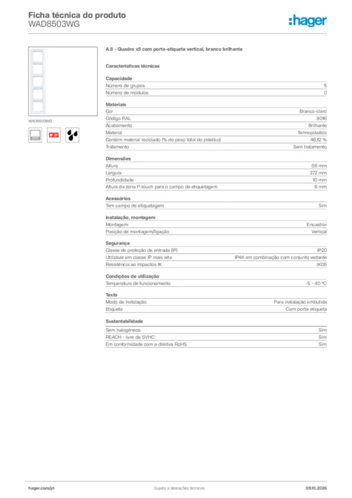 Imagem Hager Ficha técnica do produto WAD8503WG | Hager Portugal