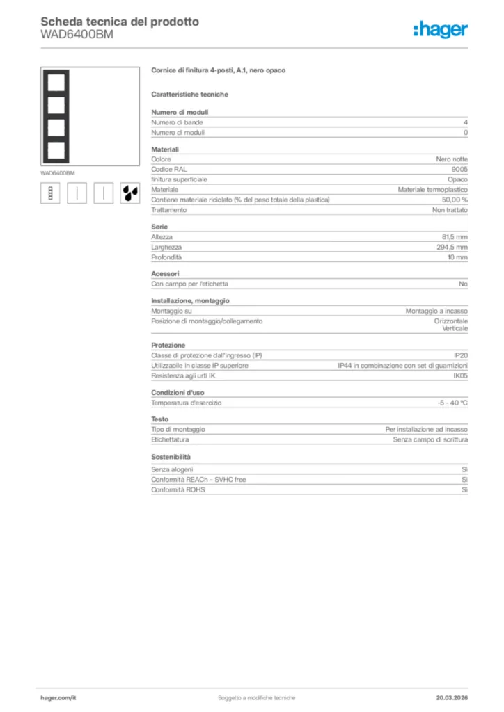 Immagine Hager Scheda tecnica del prodotto WAD6400BM | Hager Italia