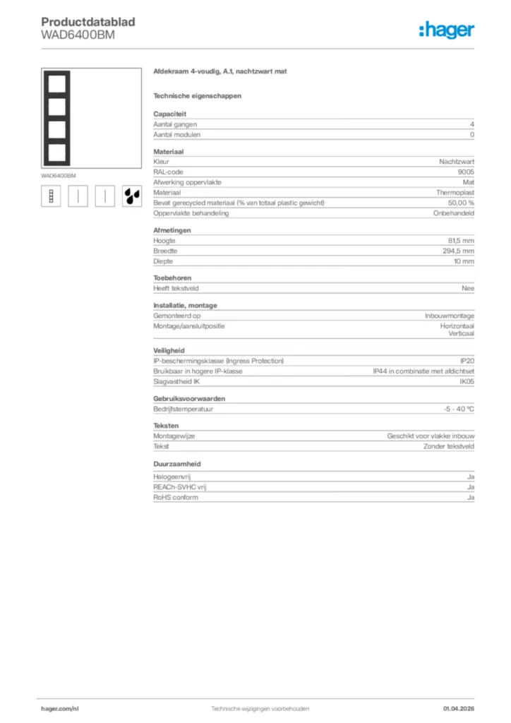 Afbeelding Hager Productdatablad WAD6400BM | Hager Nederland