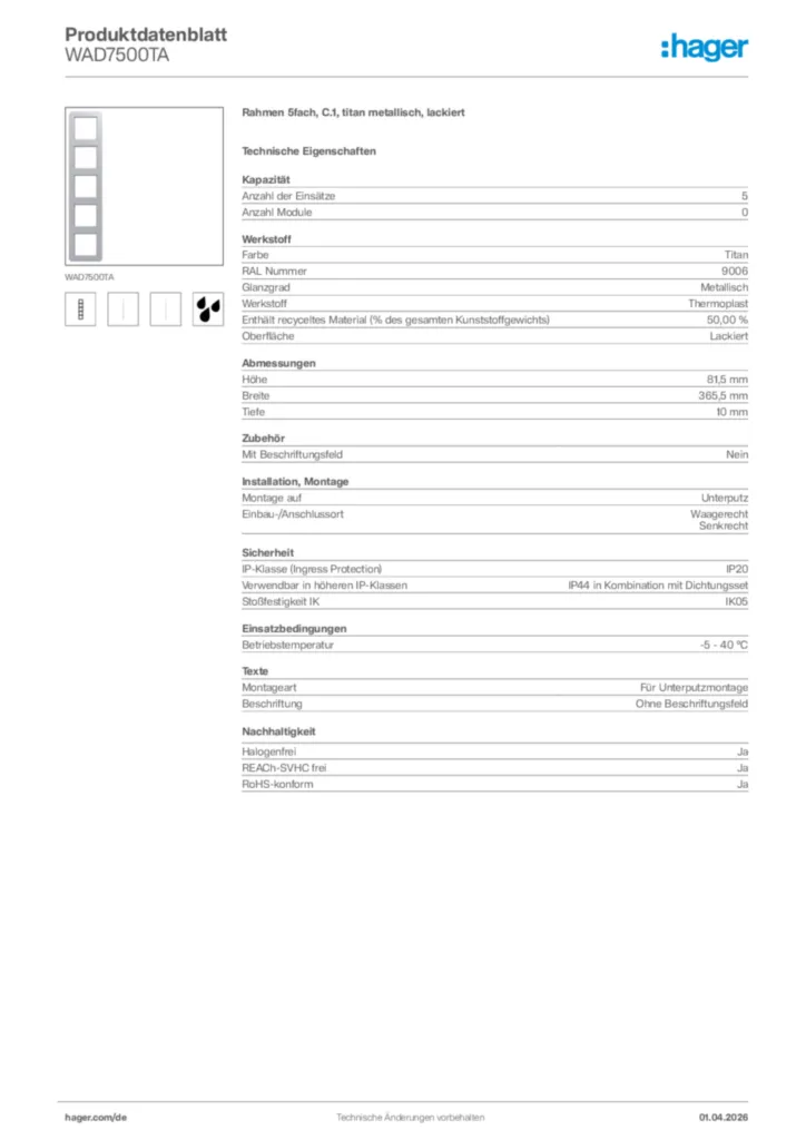 Bild Hager Produktdatenblatt WAD7500TA | Hager Deutschland