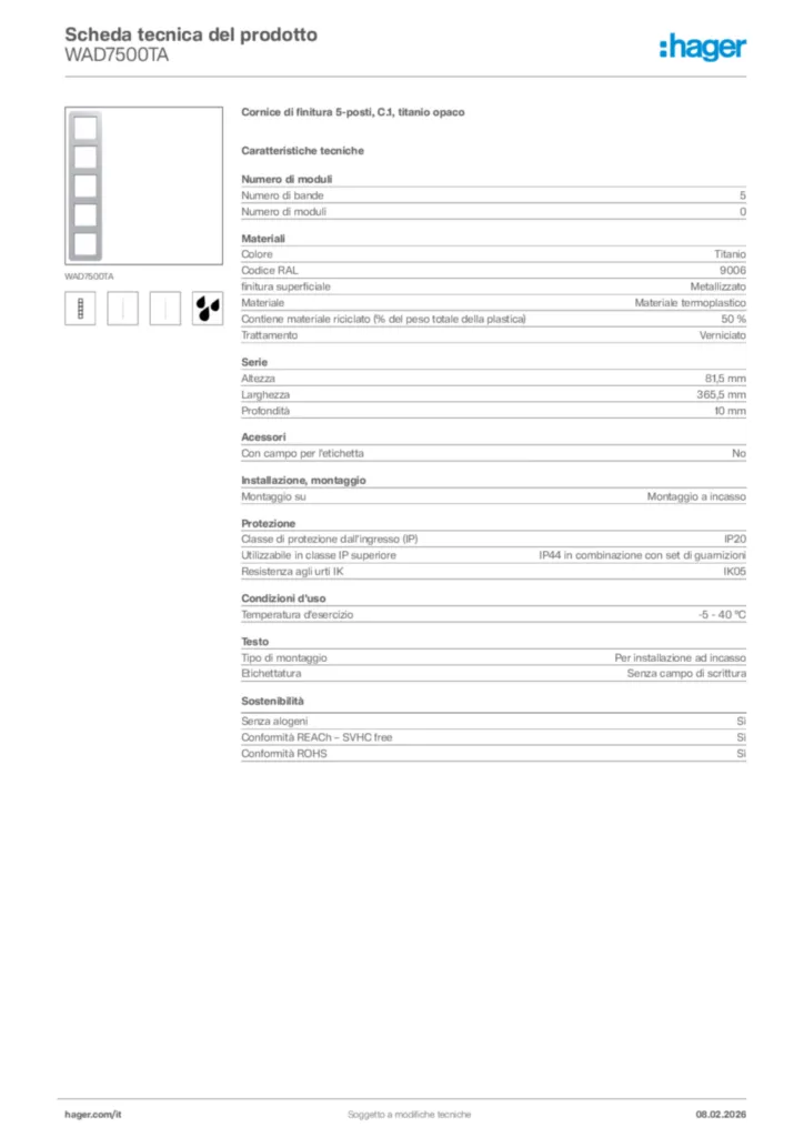 Immagine Hager Scheda tecnica del prodotto WAD7500TA | Hager Italia