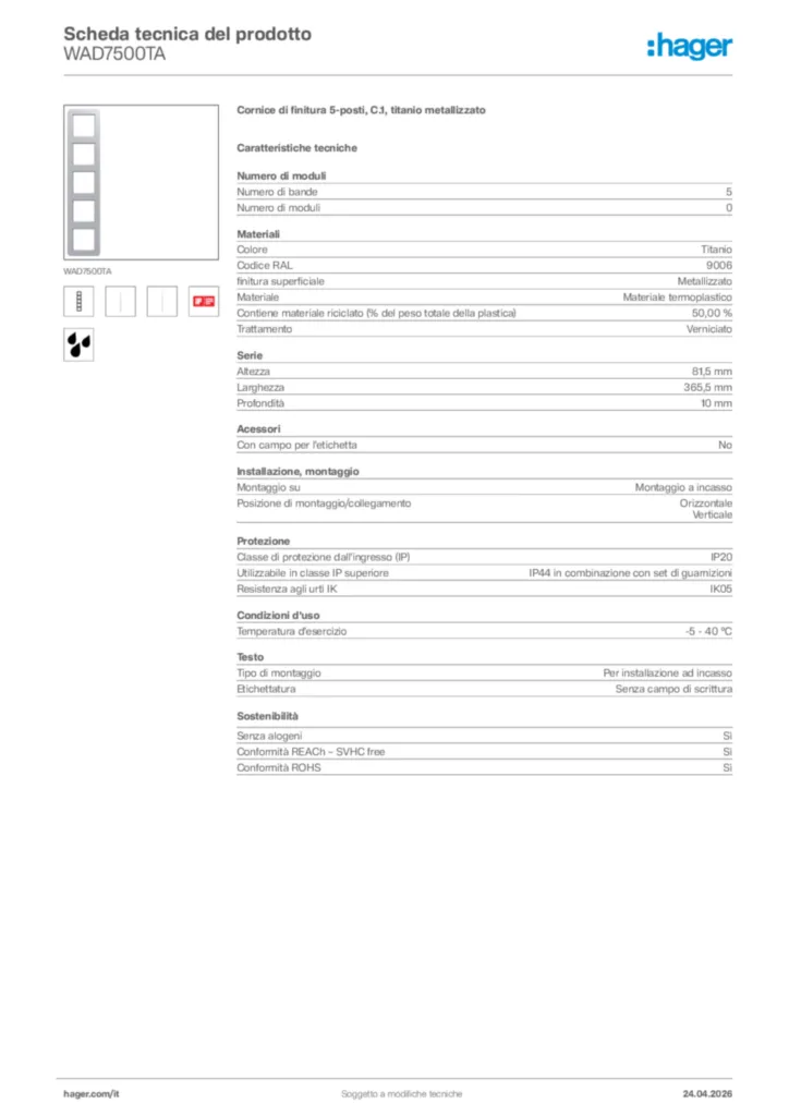 Immagine Hager Scheda tecnica del prodotto WAD7500TA | Hager Italia