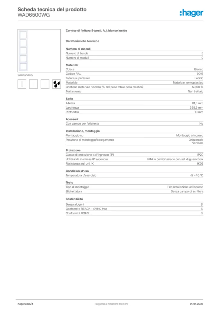 Immagine Hager Scheda tecnica del prodotto WAD6500WG | Hager Italia