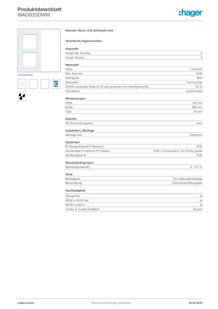 Bild Hager Produktdatenblatt WAD8200WM | Hager Deutschland