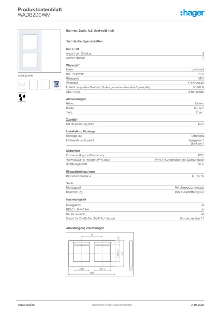 Bild Hager Produktdatenblatt WAD8200WM | Hager Deutschland