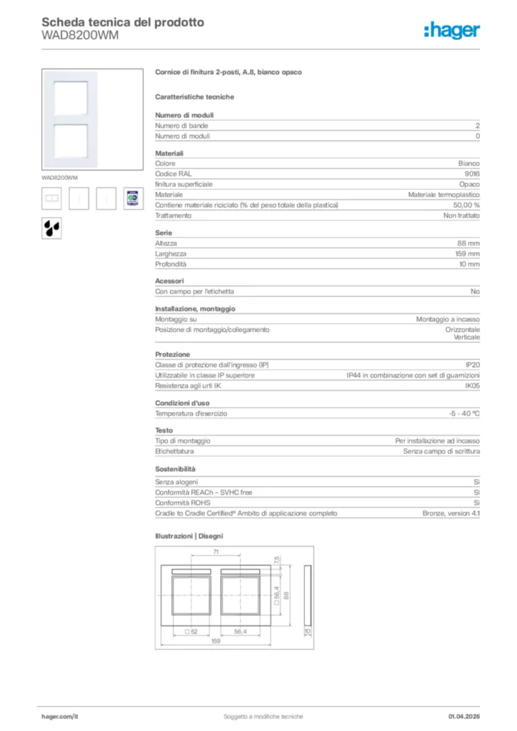Immagine Hager Scheda tecnica del prodotto WAD8200WM | Hager Italia