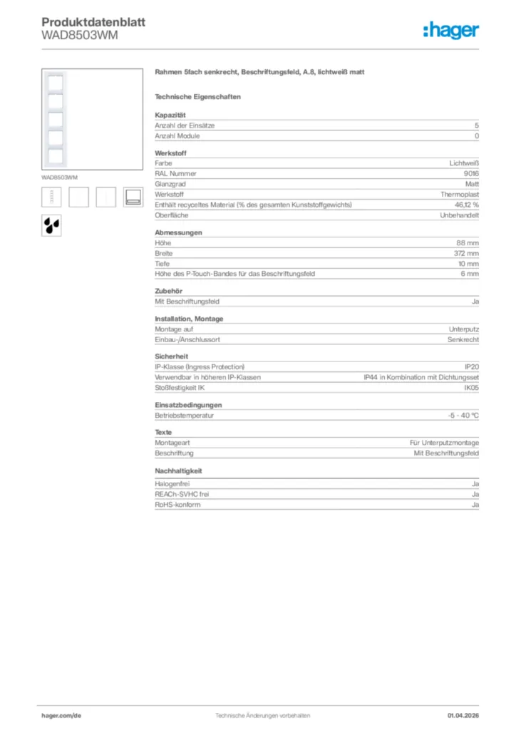 Bild Hager Produktdatenblatt WAD8503WM | Hager Deutschland
