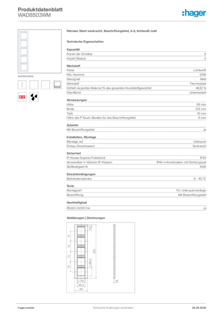 Bild Hager Produktdatenblatt WAD8503WM | Hager Deutschland
