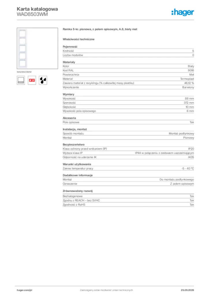 Zdjęcie Hager Karta katalogowa WAD8503WM | Hager Polska