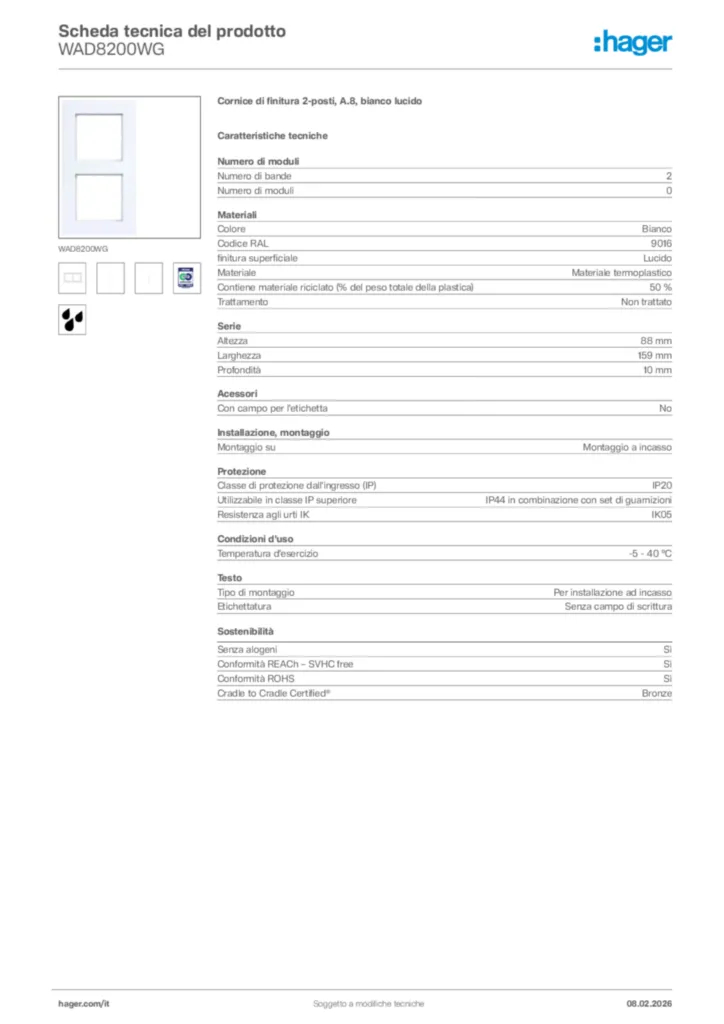 Immagine Hager Scheda tecnica del prodotto WAD8200WG | Hager Italia