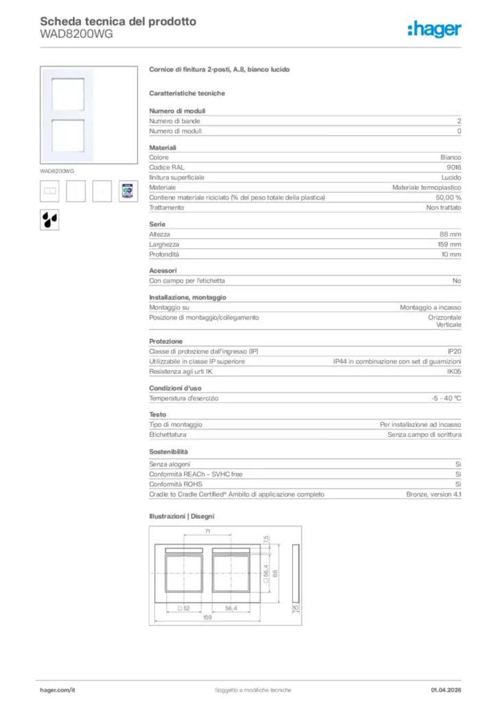Immagine Hager Scheda tecnica del prodotto WAD8200WG | Hager Italia