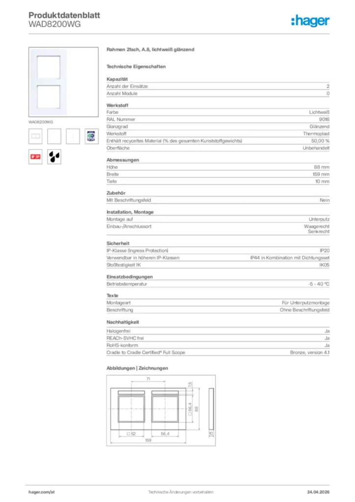 Bild Hager Produktdatenblatt WAD8200WG | Hager Deutschland