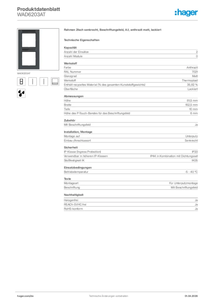 Bild Hager Produktdatenblatt WAD6203AT | Hager Deutschland
