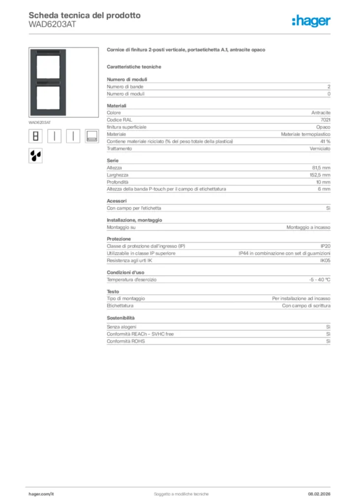 Immagine Hager Scheda tecnica del prodotto WAD6203AT | Hager Italia