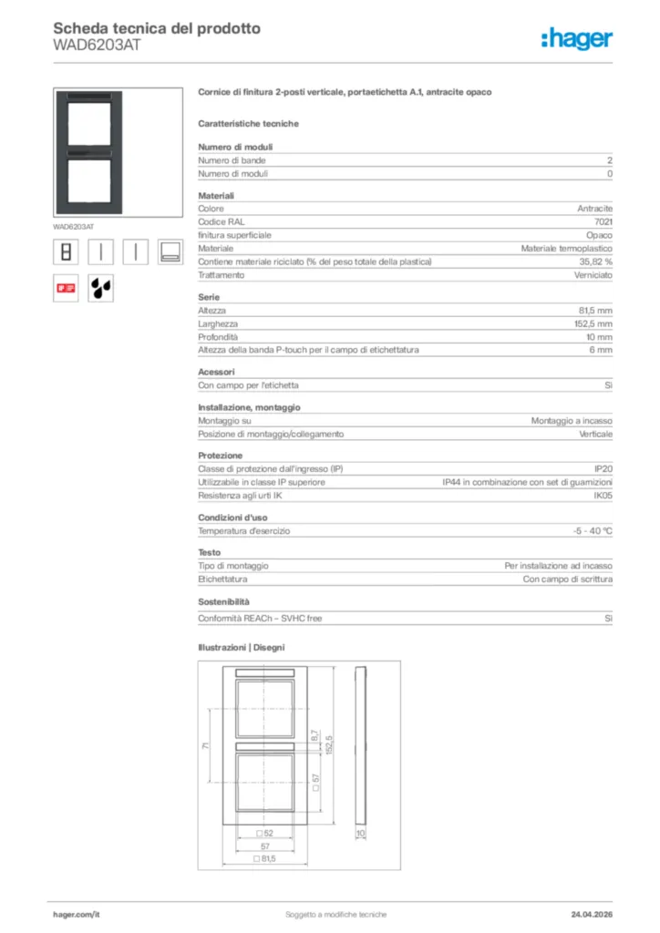 Immagine Hager Scheda tecnica del prodotto WAD6203AT | Hager Italia