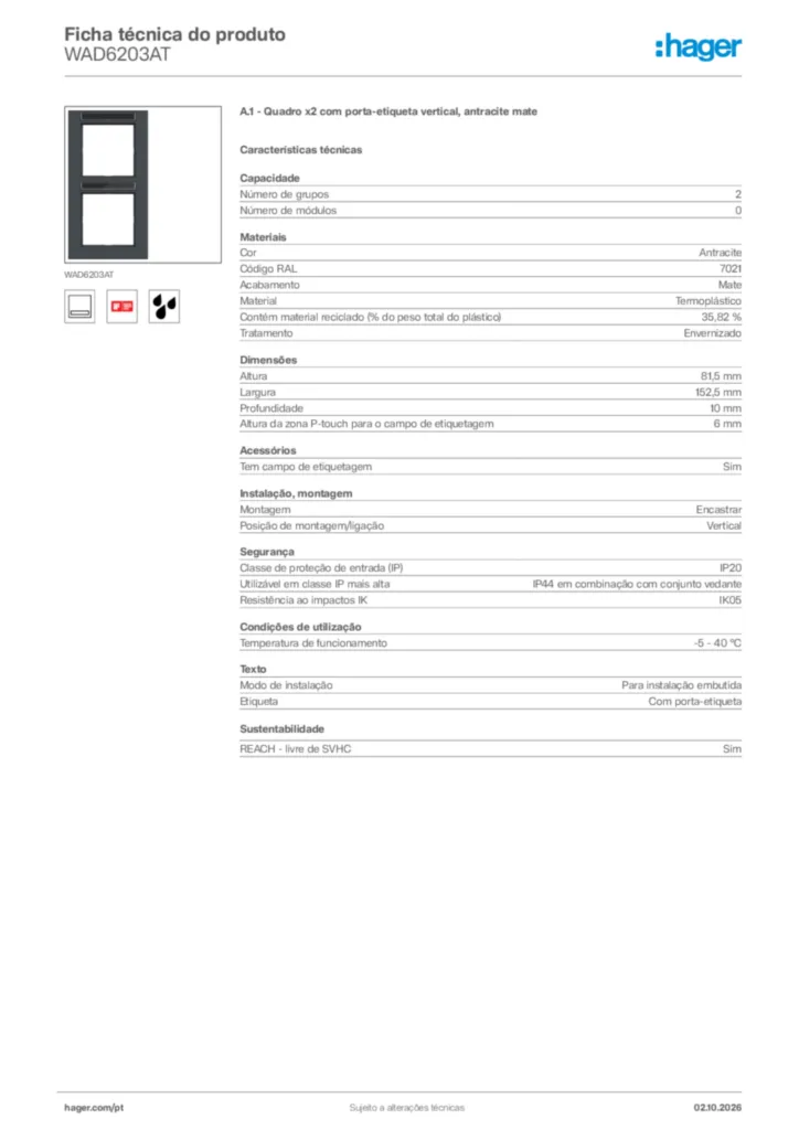 Imagem Hager Ficha técnica do produto WAD6203AT | Hager Portugal