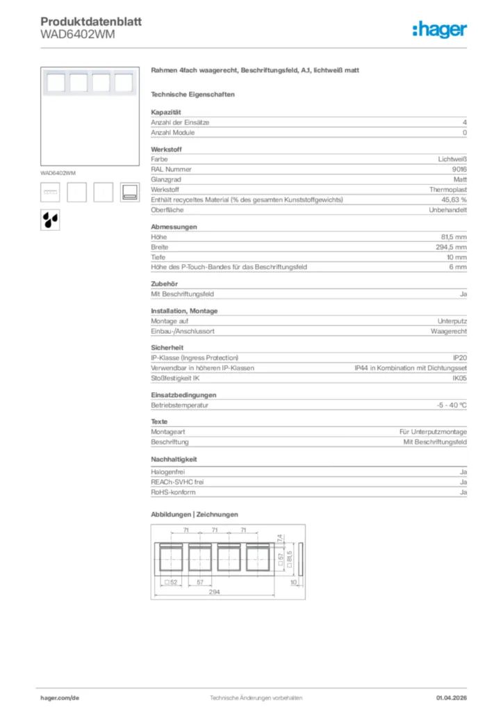 Bild Hager Produktdatenblatt WAD6402WM | Hager Deutschland