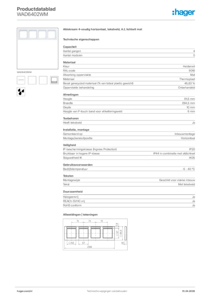 Afbeelding Hager Productdatablad WAD6402WM | Hager Nederland