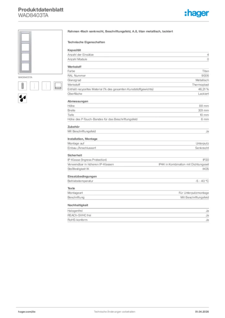 Bild Hager Produktdatenblatt WAD8403TA | Hager Deutschland