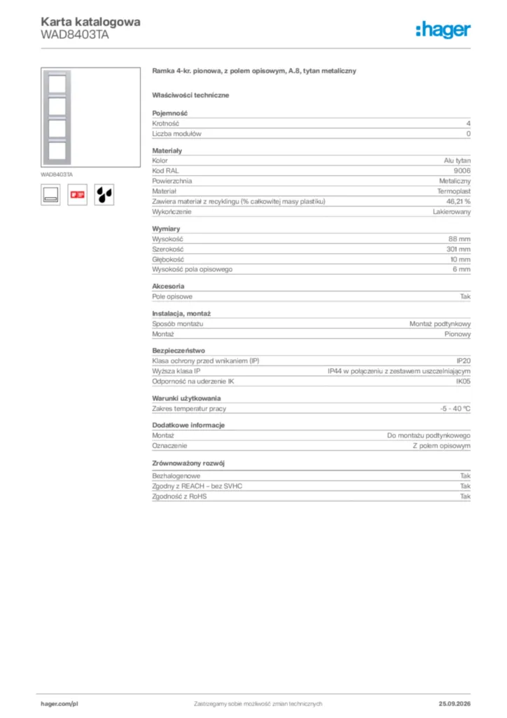 Zdjęcie Hager Karta katalogowa WAD8403TA | Hager Polska