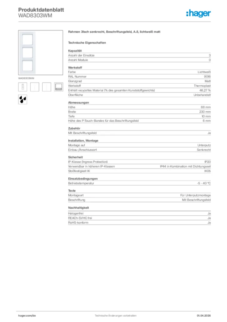 Bild Hager Produktdatenblatt WAD8303WM | Hager Deutschland