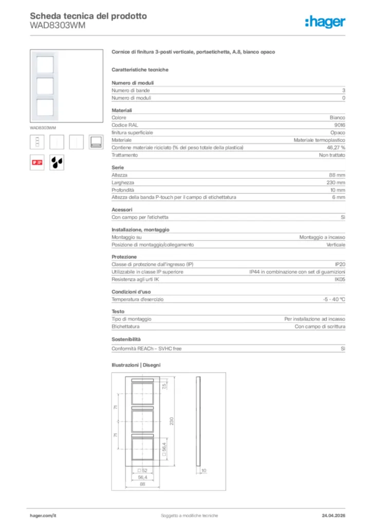Immagine Hager Scheda tecnica del prodotto WAD8303WM | Hager Italia