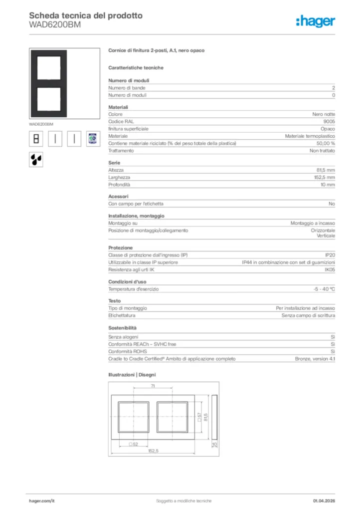 Immagine Hager Scheda tecnica del prodotto WAD6200BM | Hager Italia